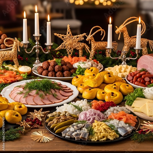 Festive Scandinavian Holiday Feast Arranged with Candles on Rustic Wooden Table