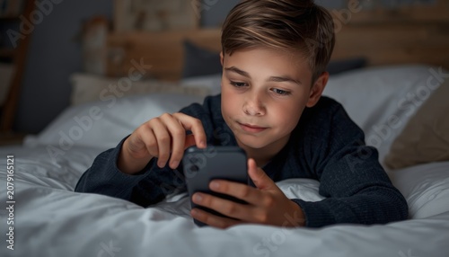There is a young boy laying on a bed looking at a cell phone