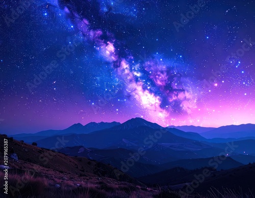 A breathtaking view of the Milky Way galaxy illuminating the night sky above a majestic mountain range.