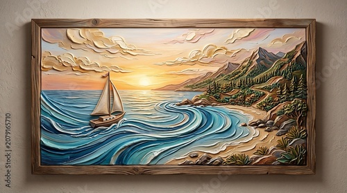 Sailing boat on serene ocean waves at sunset