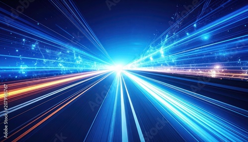 Abstract blue and orange light trails streaking towards a bright white light source.