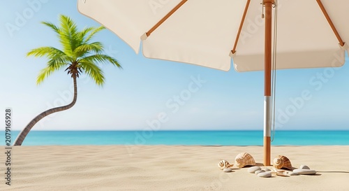 White Beach Umbrella Standing on Sunny Tropical Seashore with Palm Tree