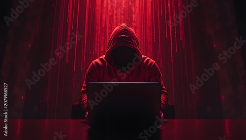 Hooded figure sitting in front of laptop in dark room with red lighting