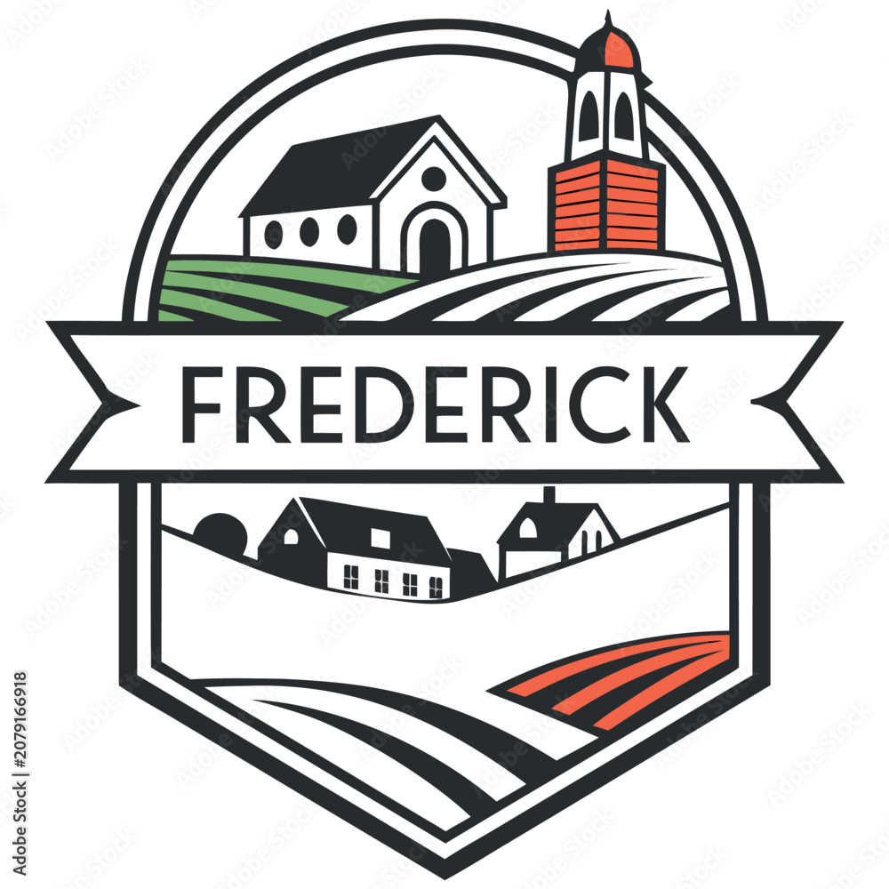 Obraz premium Vintage Frederick Maryland Emblem Logo Design with Historic Church, Clustered Spires, and Rolling Agricultural Hills - Vector Illustration