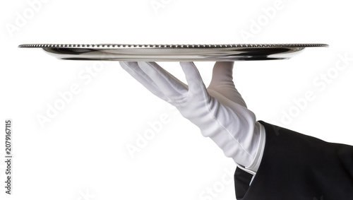 Foto Isolated gloved hand of a butler or waiter holding an elegant empty polished sil
