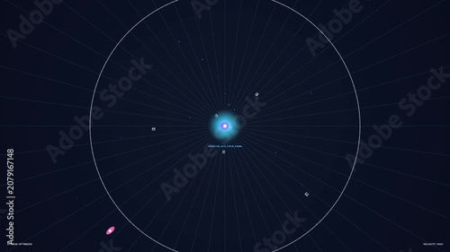 Glowing blue star in dark space with celestial bodies, radial lines emanating
