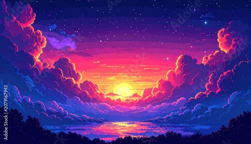 A vibrant pixel art sunset unfolds over a tranquil body of water.