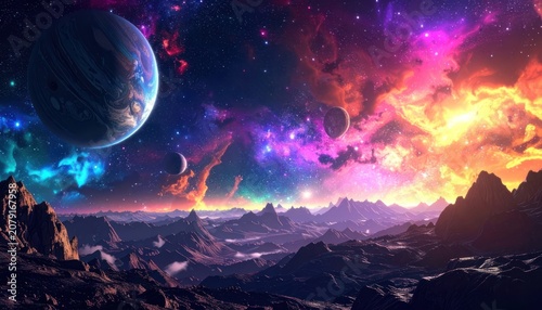 A vibrant alien planet landscape with multiple moons and a colorful nebula sky.