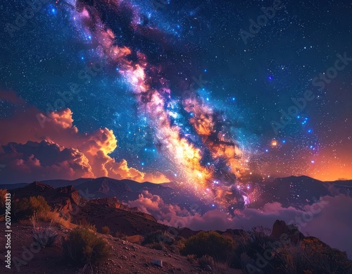 A breathtaking view of the Milky Way galaxy stretching across a starry night sky above a mountainous landscape.