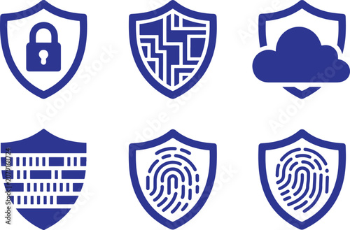 Blue shield security icons with lock cloud fingerprint and coding symbols for protection and safety  cybersecurity concept