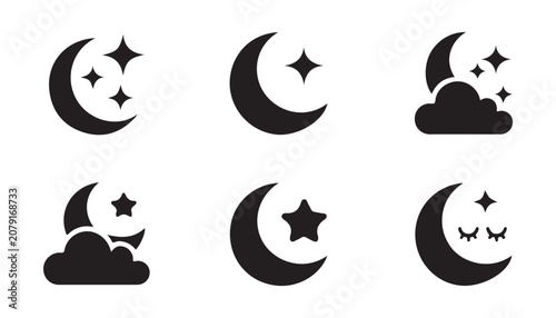 Foto Set of moon and star icons, collection of various nocturnal scenes with clouds