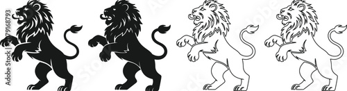 Four black and white lion illustrations in different styles walking to the left side with their mouths open and tails raised  lion silhouettes and line art