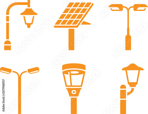 Orange street lamp and solar panel icons on white background