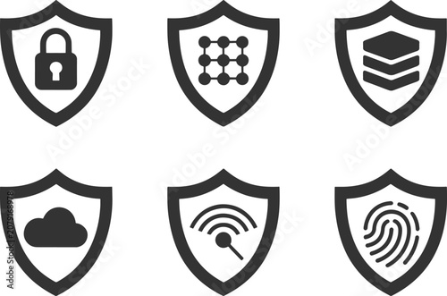 Security icons with shield and various protection symbols  lock  molecule  layers  cloud  wifi  fingerprint
