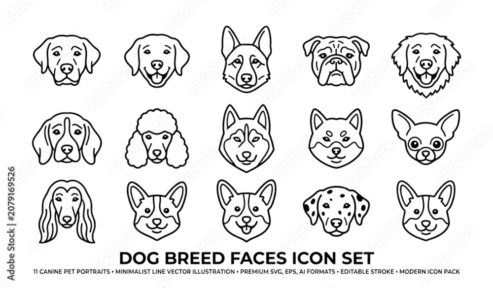 Fototapeta premium Dog breed faces icon set minimalist line art vector illustration