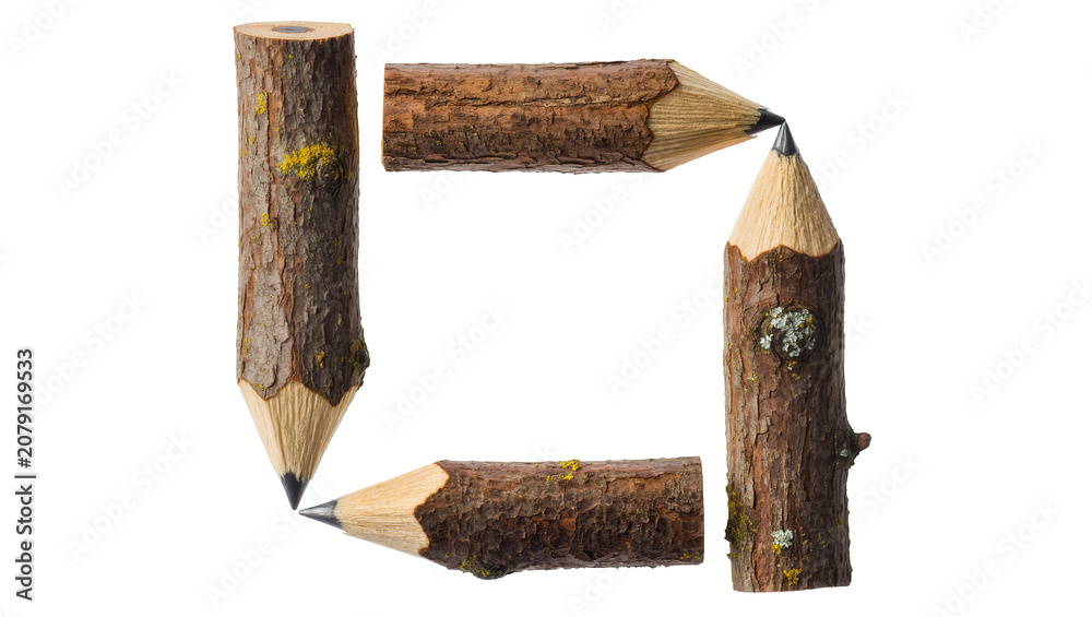 Fototapeta premium Isolated creative composition of natural wood pencils forming an artistic square frame