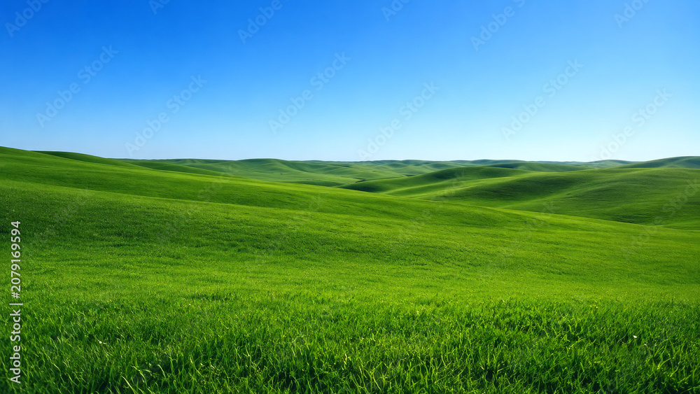 Fototapeta premium Rolling Green Hills under Clear Skies, Beautiful Sunny Day in Grassland Landscape