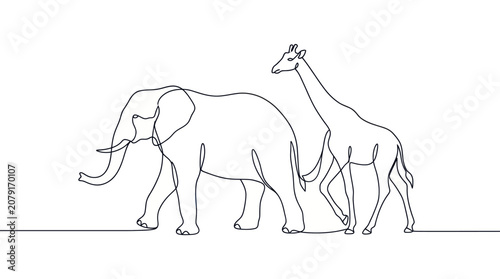 Photography Continuous Line Elephant and Giraffe Vector Illustration
