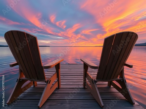 Wooden chairs creak softly on weathered pier as lake's calm waters reflect fiery sunset sky, ||lake, wooden