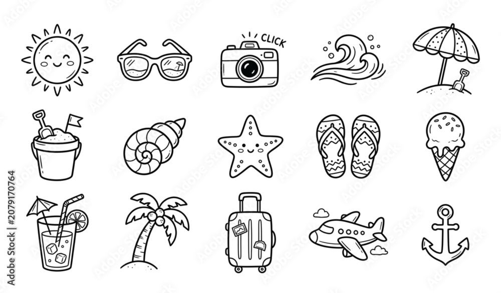 Fototapeta premium Summer vacation doodles collection hand drawn icons for travel and leisure