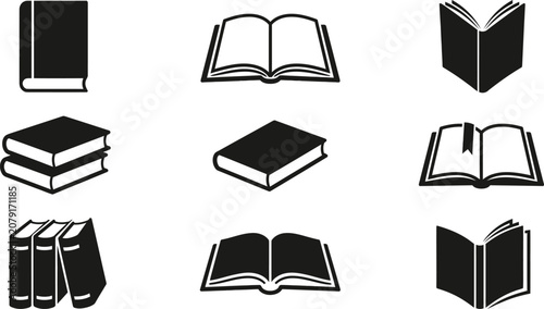 A collection of various book icons displayed in a grid format featuring open closed stacked and upright styles in minimalist black silhouette