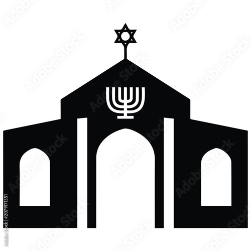Synagogue building vector silhouette illustration with menorah and star of david symbols.