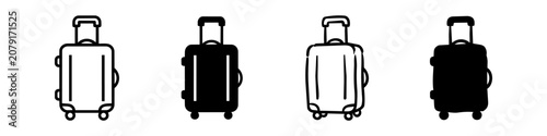 Fényképezés A set of four suitcase icons in outline, solid, and hand-drawn styles