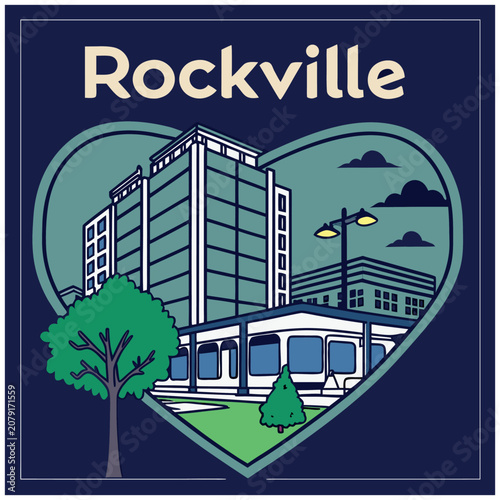 Rockville Maryland Cityscape Illustration, Heart-Shaped Emblem with Modern Downtown Buildings and Trees, Vector Graphic
