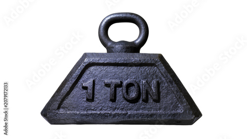 Canvas Print Isolated heavy dark cast iron 1 ton weight with handle, rustic industrial measur