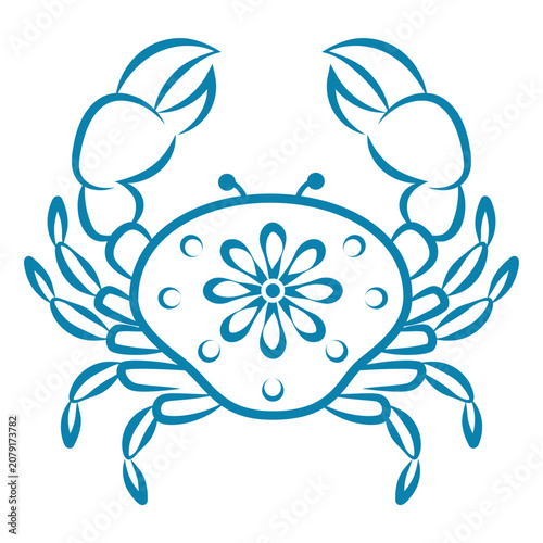 Crab line drawing in blue color with decorative flower on its shell, isolated on white marine life design element