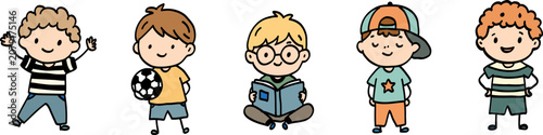 Row of five playful cartoon boys in casual clothes, with one holding soccer ball and one reading book, standing and sitting together in cheerful group composition