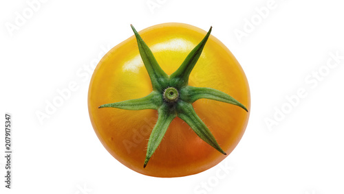 Obraz na plátně Isolated vibrant yellow tomato with fresh green calyx, ready for healthy cooking