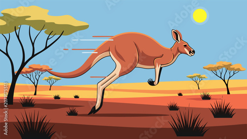 Fotografía A kangaroo jumps quickly across a sunny savannah landscape with trees and plants