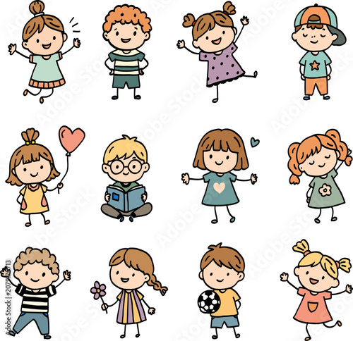 Playful hand drawn children characters in bright pastel poses with bold outlines for cheerful nursery, school, activity, poster, sticker, greeting card, apparel, and print designs