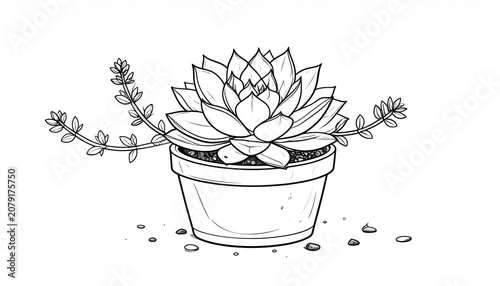 Black and white illustration of a potted succulent plant with trailing branches and pebbles