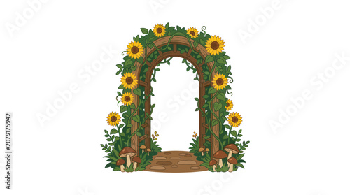 Rustic Sunflower Garden Arch Vector Illustration
