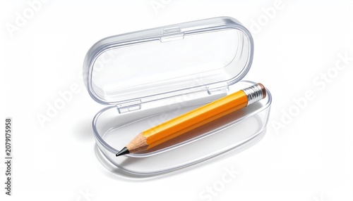 Yellow pencil in a clear plastic case sharp point pencil sharpener details stationery object