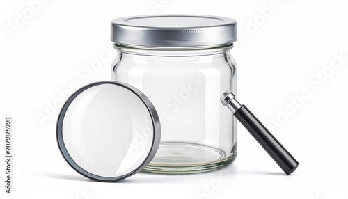 Clear glass jar and magnifying glass on a clean white background studio shot exploration concept