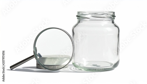 Magnifying glass over empty glass jar lid isolated on white background conceptual close-up