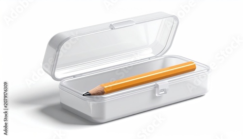 Clear plastic pencil case with a single yellow pencil inside open lid isolated on white