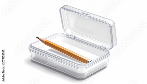 Clear plastic pencil box case opened with a yellow pencil inside isolated on white background