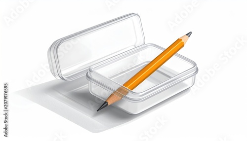 Clear plastic pencil case with yellow pencil inside isolated on a white background studio shot