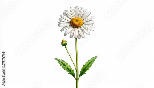Detailed illustration of a daisy flower with bud and leaves on a white background