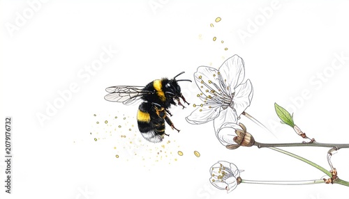 Detailed watercolor illustration of a bumblebee approaching a blooming cherry blossom flower with scattered pollen