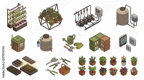 Canvastavla Isometric illustration of indoor gardening and hydroponics setup.