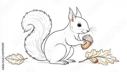 Adorable white squirrel sitting with acorn surrounded by autumn oak leaves outlined illustration