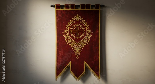 Crimson Velvet Banner: Golden Intricate Design