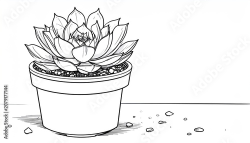 Black and white sketch of a succulent plant in a pot with scattered pebbles on a surface