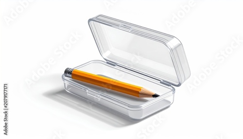 Clear plastic pencil case opened with a yellow pencil inside isolated on white