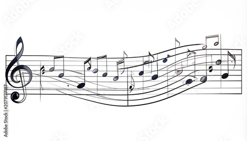 Musical notes and staff flowing gracefully across a white background elegant illustration